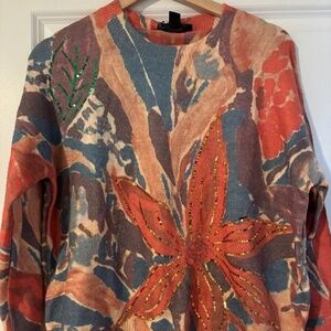 Renuar Womens Floral Print Sequined Pullover Knit Sweater